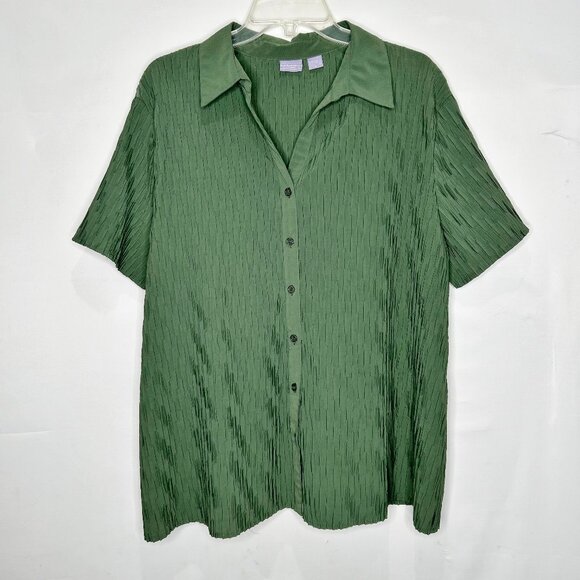 Lauren Scott Woman’s Blouse sz 1X plus Army / Olive Green Button Front V-Neck - Picture 1 of 8